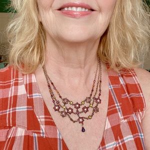 VTG Multi-Chain Crystal & Enamel Flowers Necklace w Purple Crystal Dangle
